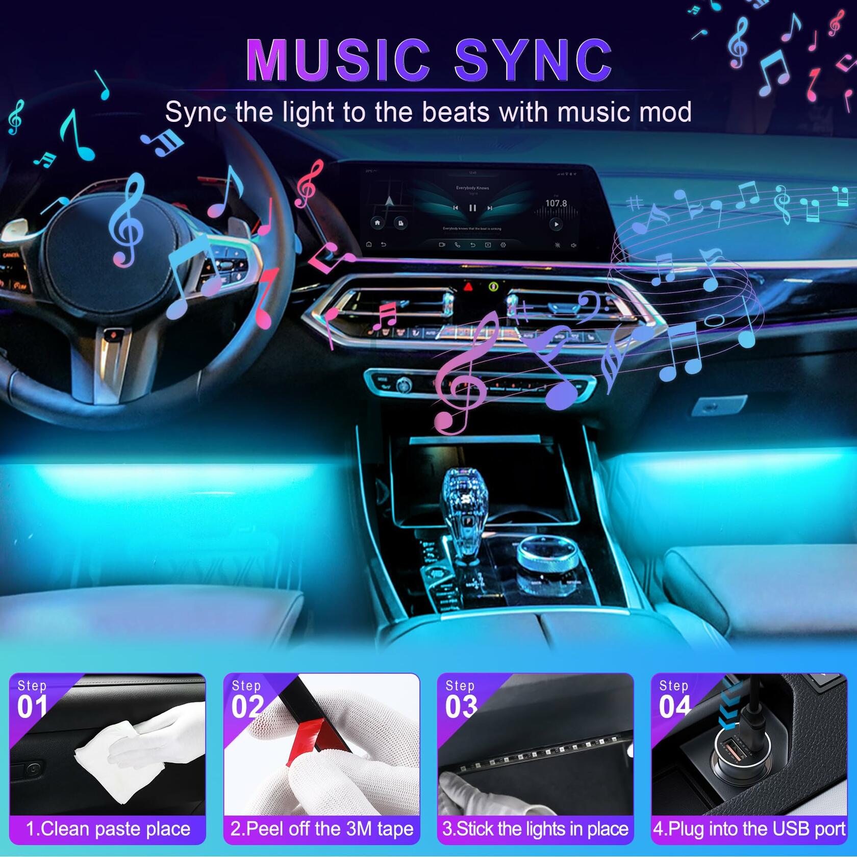 LivTee Accent Interior Car Lights RGB LED App Control Music DIY 2 Lines