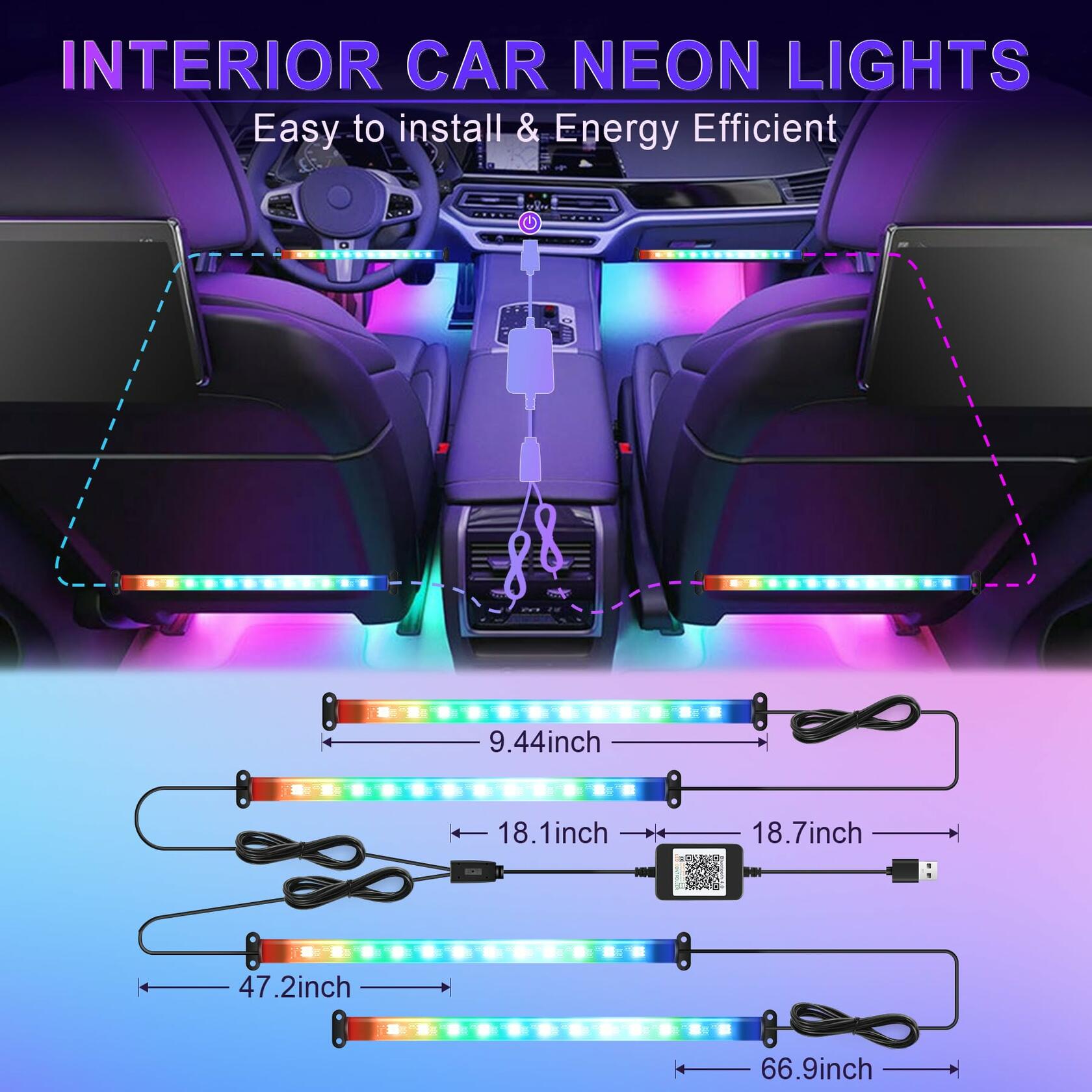 LivTee Accent Interior Car Lights RGB LED App Control Music DIY 2 Lines