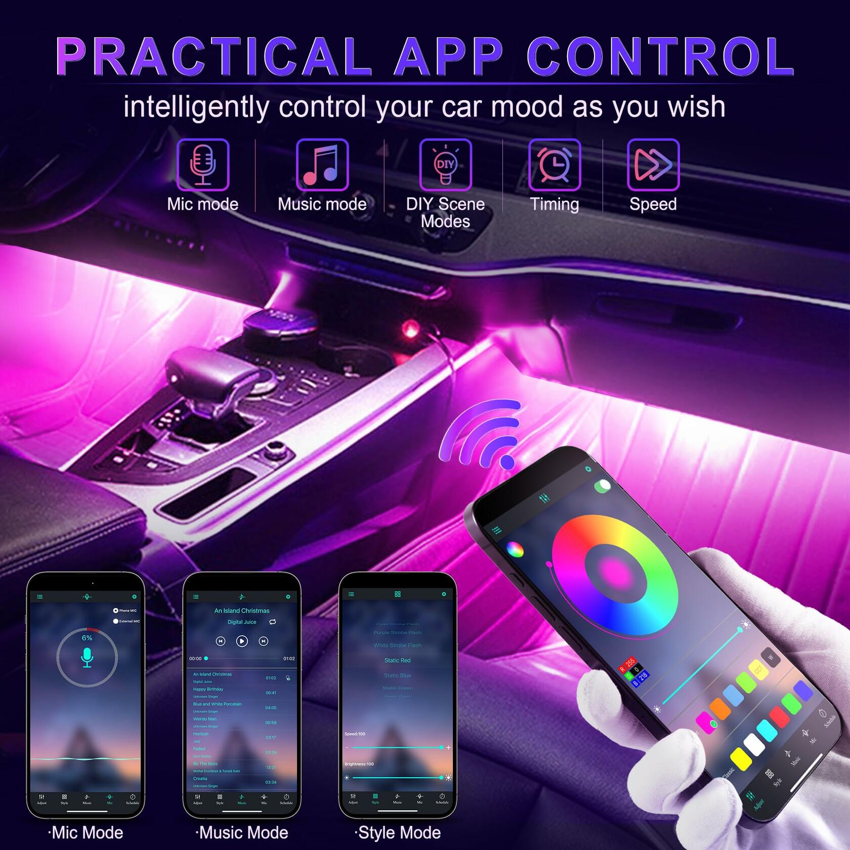 LivTee Accent Interior Car Lights RGB LED App Control Music DIY 2 Lines